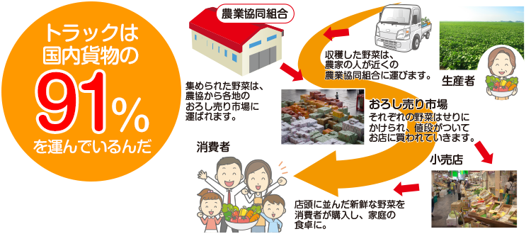 トラックは国内貨物の91%を運んでいるんだ